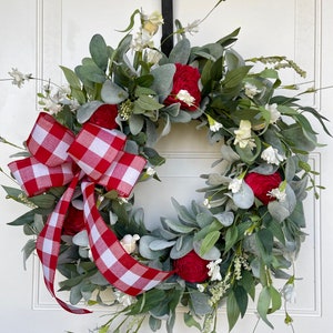 Farmhouse Valentines Wreaths for Front Door, Valentines Day Gift, Lambs Ear Wreath, Red and White Buffalo Plaid Check Wreath