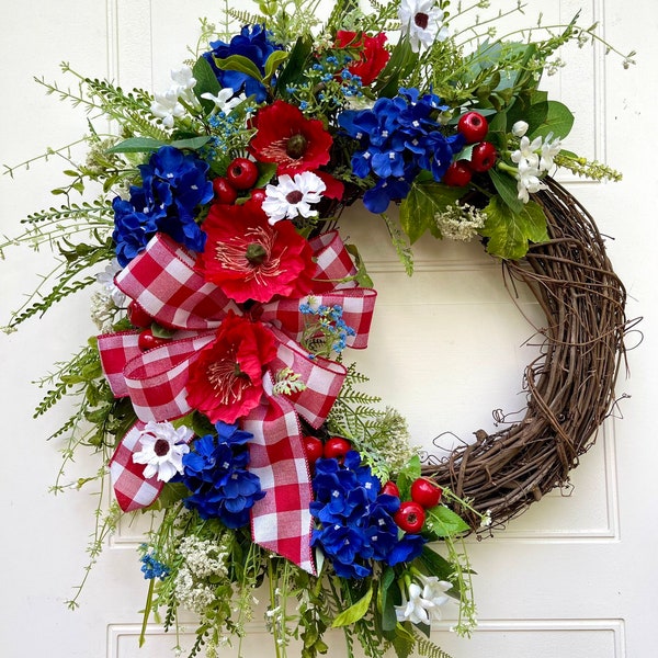 Patriotic Wreath, Southern Wreath, Red White and Blue Wreath for Door, Red Berry Wreath, Summer Floral Farmhouse Wreath, 4th of July Wreath