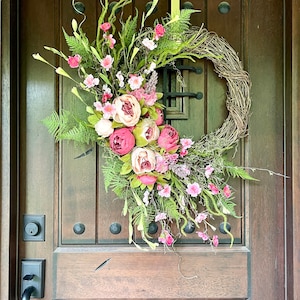Elegant Large Summer Wreath for Front Door, Pink Spring Wreath, Peony ...