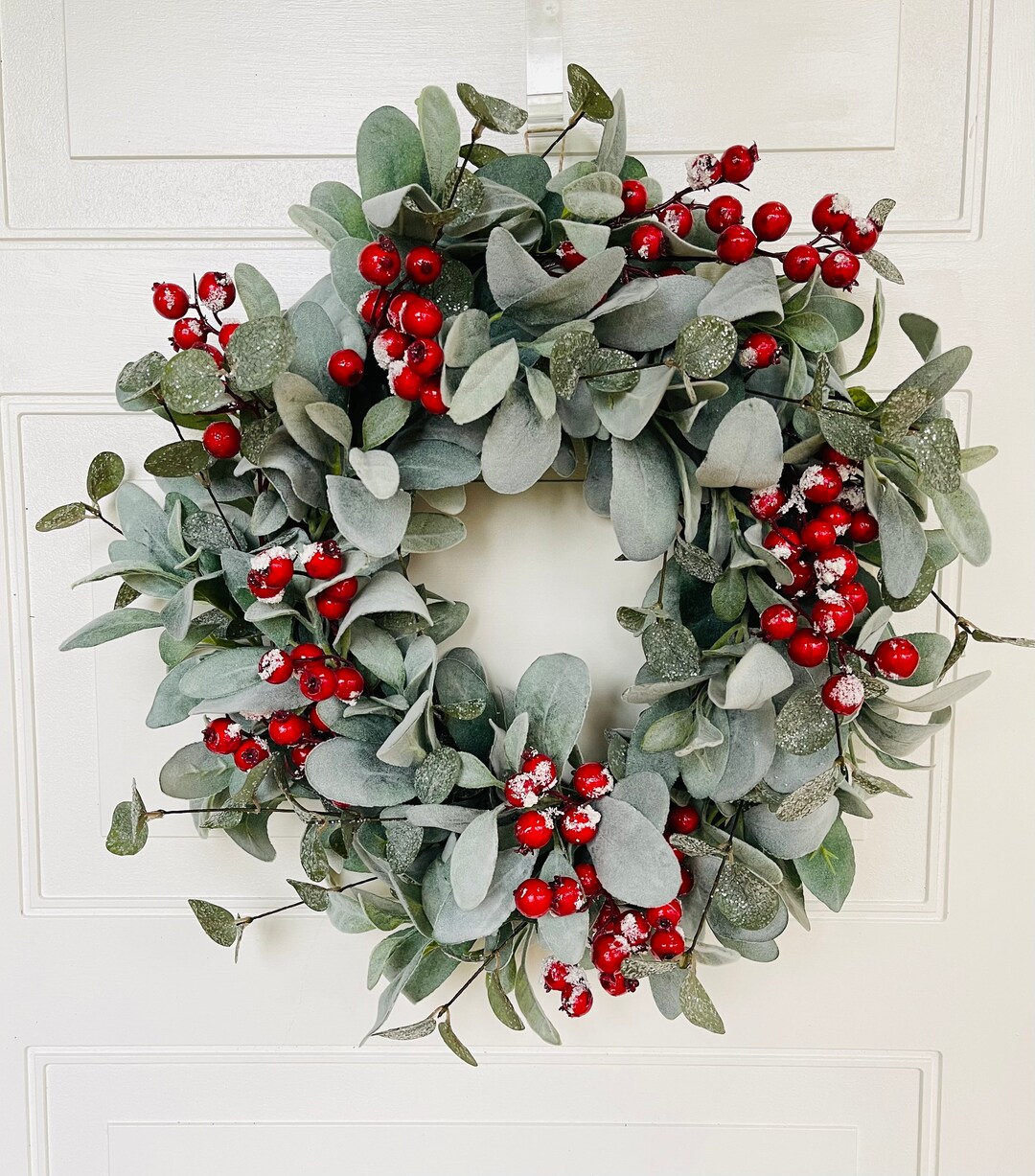 Lambs Ear and Eucalyptus Wreath, Red Berry Christmas Wreath, Lambs Ear ...