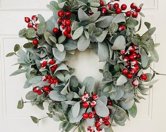 Lambs Ear and Eucalyptus Wreath, Red Berry Christmas Wreath, Lambs Ear Winter Wreath, Fixer Upper, Farmhouse Wreath, Cottagecore Wreath