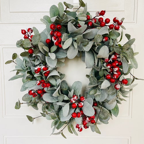 Lambs Ear Christmas Wreath With Evergreens and Red Berries Etsy