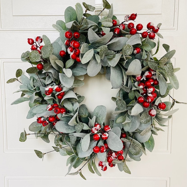 Lambs Ear and Eucalyptus Wreath, Red Berry Christmas Wreath, Lambs Ear Winter Wreath, Fixer Upper, Farmhouse Wreath, Cottagecore Wreath