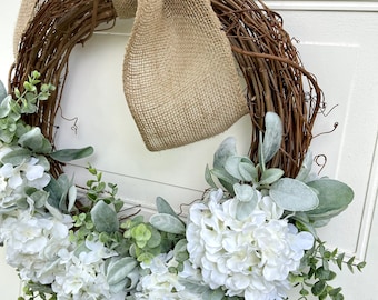 Summer Hydrangea Wreath, Eucalyptus Wreath, Lambs Ear Wreath,  Spring Wreath, Farmhouse Wreath, Wedding Wreath for Front Door,