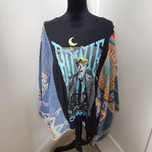 Upcycled Kantha T Shirt Bowie Poncho With Sleeves Size XL