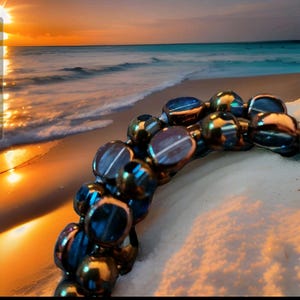 May include: A beaded bracelet with iridescent blue and gold beads rests on a sandy surface. The background features a beach scene with a sunset over the ocean, creating a warm, colorful backdrop.