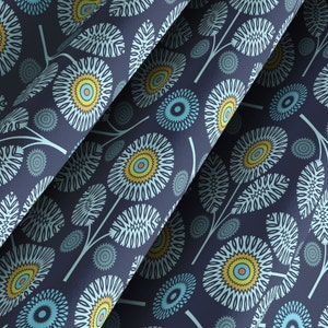 Abstract Scandinavian Floral Shower Curtain in Turquoise with Gold and Yellow Accents, Colorful 74 Inch Blue Geometric Floral Bath Curtain