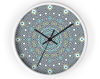 Reloj de pared con caleidoscopio de mosaico en azul y oliva, reloj de pared decorativo, reloj de pared colorido para la oficina en casa o la cocina