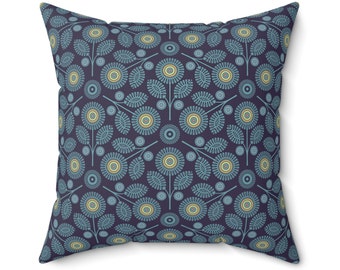 Mid-Century Modern Radiant Floral Throw Pillow Cover in Turquoise, Available in Four Sizes From 14 to 20 Inches, Blue Floral Accent Pillow