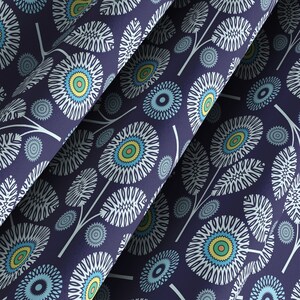 Abstract Scandinavian Floral Shower Curtain in Admiral Blue with Sky Blue and Yellow Accents, Colorful 74 Inch Blue Floral Bath Curtain