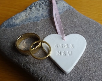 Personalised Heart Decoration with Couple's Initials and Date on Ribbon, White Clay Hanging Heart Save the Date, Wedding Gift