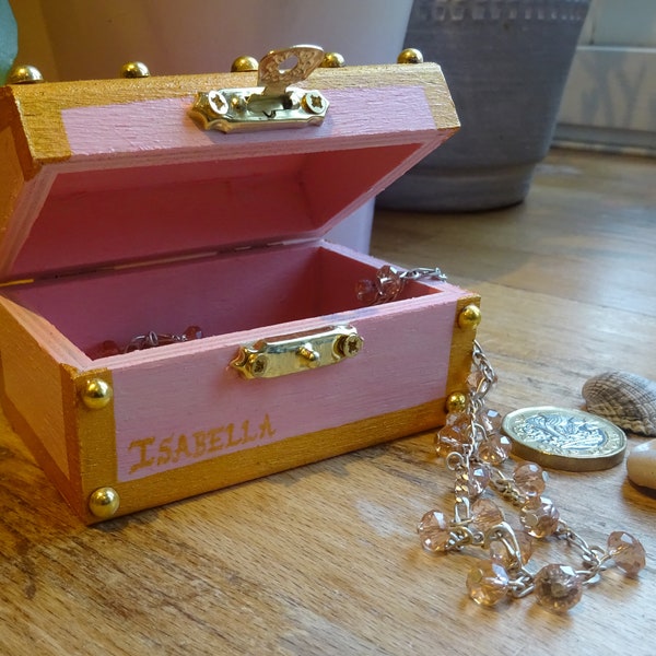 Personalised Small Pink Wooden Treasure Chest with Gold Studs, Small Princess Jewellery Box with Name