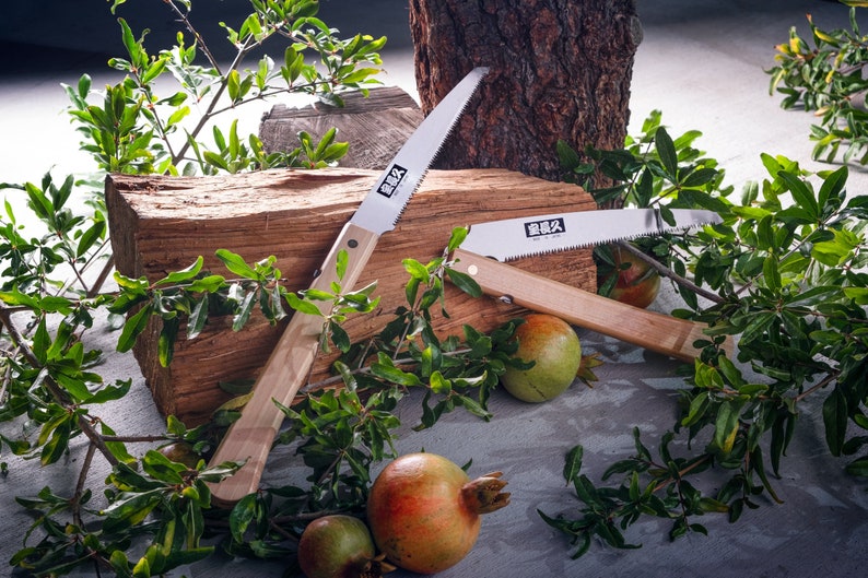 May include: Two folding saws with wooden handles and silver blades. The saws are resting on a piece of wood with green leaves and pomegranates around them.