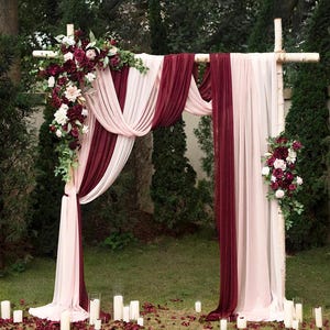 Arch Flowers • Flower Arch Decor With Drapes In Burgundy & Dusty Rose • Arch Floral Arrangements • Wedding Decor • Ceremony Decor • Wedding