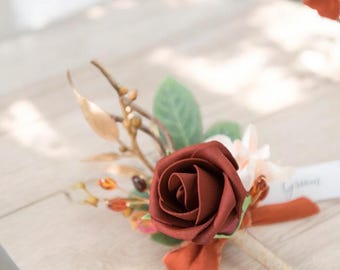 Burnt Orange Rose Boutonniere, Fall Wedding Groomsmen Accessory
