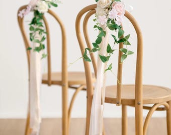 Blush Wedding Chair Decoration • Floral Pew Arrangement with Ribbons