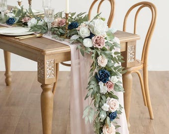 6ft Wedding Table Garland, Dusty Rose and Navy Floral Arrangement