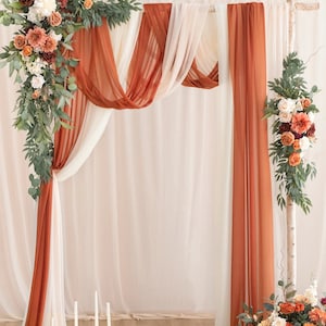 Arch Flowers • Flower Arch Decor With Drapes In Terracotta • Arch Floral Arrangements • Wedding Decor • Ceremony Decor • Fall • Terracotta
