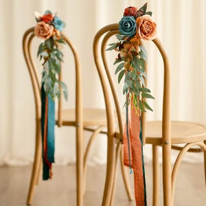 Aisle decoration • Chair decoration • Wedding Pew Decorations • Flowers Arrangements • Ceremony Decoration • Burn Orange and teal flowers
