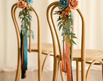Burnt Orange & Teal Wedding Chair Decoration • Aisle Flowers with Ribbons