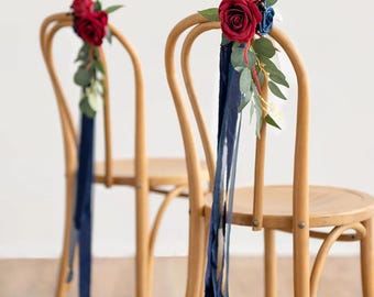 Burgundy and Navy Wedding Chair Decoration • Faux Flowers and Ribbons