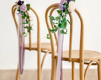 Lilac Wedding Aisle Decoration • Faux Floral Chair Decor with Ribbons