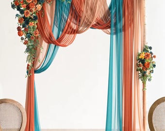 Wedding Arch Flower Arrangement • Burnt Orange & Teal Drapes