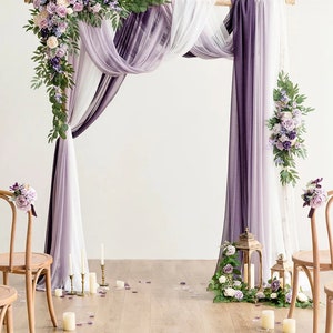 Arch Flowers • Flower Arch Decor With Drapes In Lilac • Arch Floral Arrangements • Wedding Decor • Ceremony Decor • Lilac • Purple