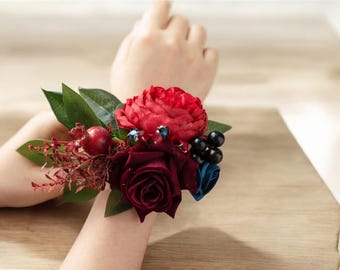 Burn Orange Wrist Corsage • Burgundy Rose, Golden Leaves