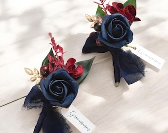 Navy & Burgundy Rose Boutonniere, Groomsmen Wedding Accessory