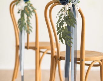 Dusty Blue Wedding Chair Decoration • Floral Pew Arrangement with Ribbons