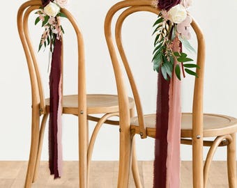 Burgundy Wedding Chair Flowers • Aisle Decor with Ribbons