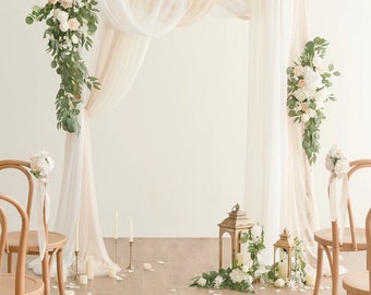 Arch Flowers • Flower Arch Decor With Drapes In White & Blush • Arch Floral Arrangements • Wedding Decor • Ceremony Decor • Weddings •
