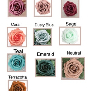 May include: A set of 10 artificial rose flower heads in various colors, including mauve, dusty rose, burgundy, coral, dusty blue, sage, teal, emerald, neutral, and terracotta.