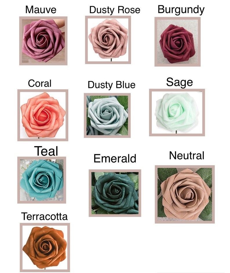 May include: A set of 10 artificial rose flower heads in various colors, including mauve, dusty rose, burgundy, coral, dusty blue, sage, teal, emerald, neutral, and terracotta.