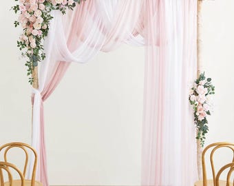 Blush Flower Arch Decor • Wedding Ceremony Floral Arrangement & Drapes