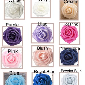 May include: Assortment of artificial silk roses in various colors, including white, ivory, cream, purple, lilac, hot pink, blush, navy blue, pink, blue, royal blue, and powder blue.