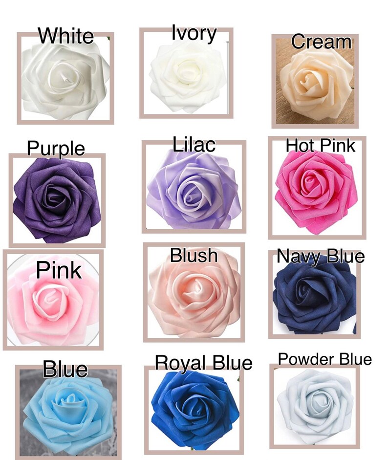 May include: Assortment of artificial silk roses in various colors, including white, ivory, cream, purple, lilac, hot pink, blush, navy blue, pink, blue, royal blue, and powder blue.