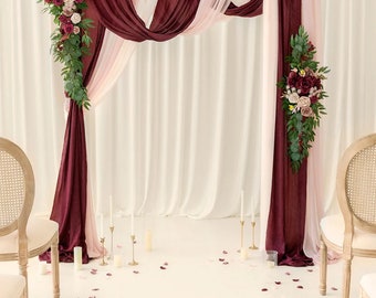 Arch Flowers • Flower Arch Decor With Drapes In Burgundy & Dusty Rose • Arch Floral Arrangements • Wedding Decor • Ceremony Decor • Wedding