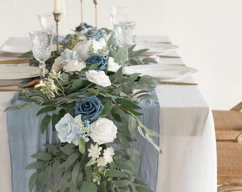 6ft Dusty Blue Floral Garland, Wedding Table Decor