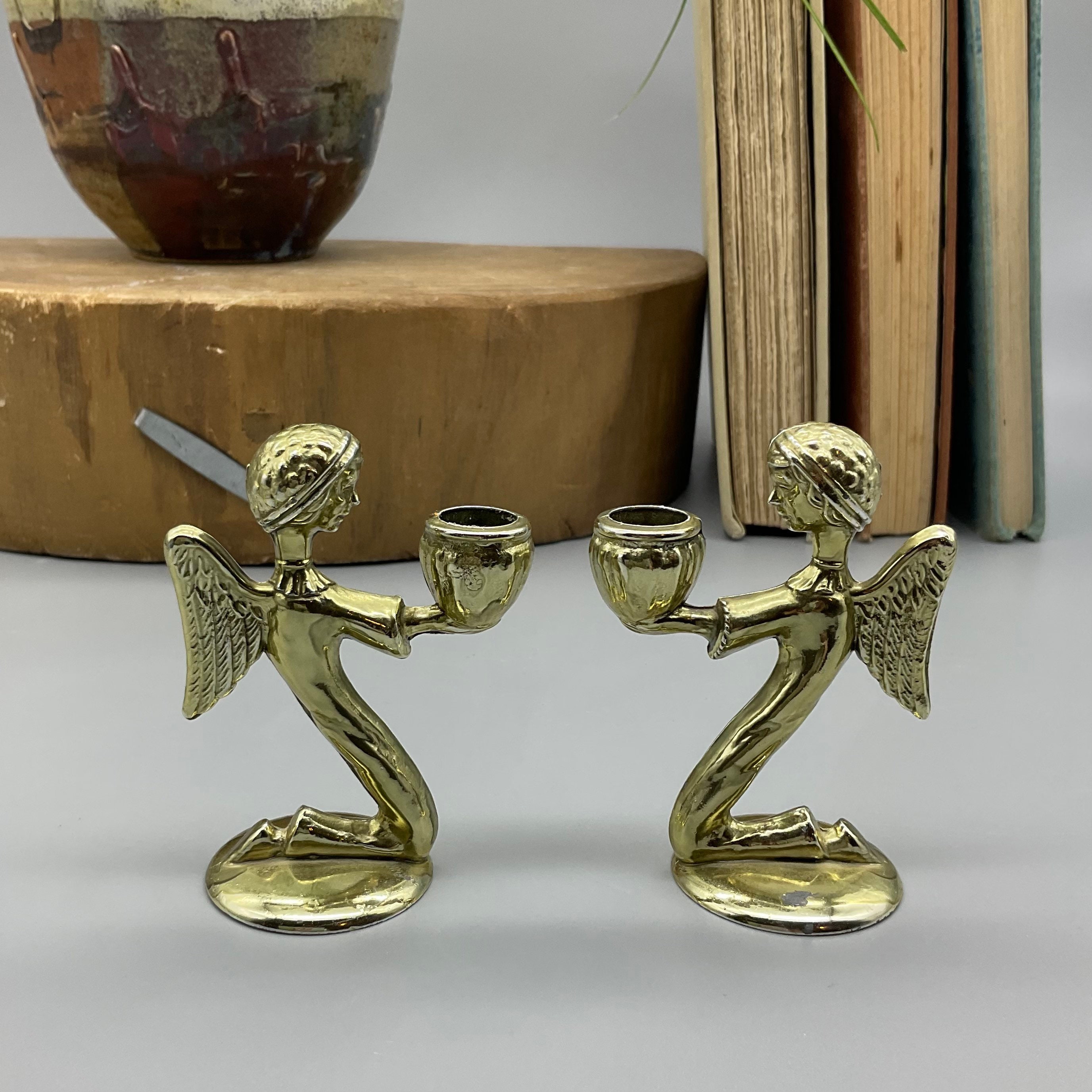 Vintage Gold Dipped Metal Kneeling Angel Candle Holders Etsy