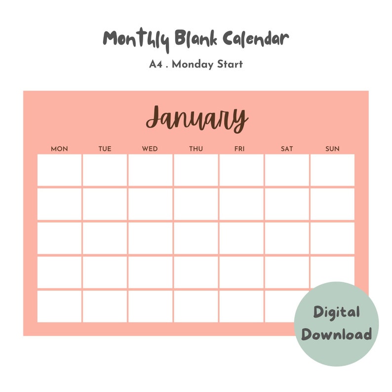 Blank Undated Monthly Calendar Printable,monthly Blank Calendar, PDF ...