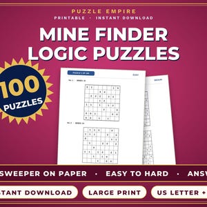 Op de afbeelding: Een digitale afbeelding voor Mine Finder Logic Puzzles van Puzzle Empire met 100 puzzels. De afbeelding toont twee witte pagina's met cijferpuzzels in roosters, een donkerblauwe sterbadge met 100 Puzzles en tekst, waaronder Instant Download.