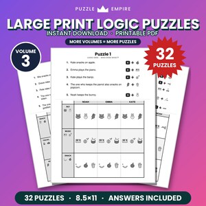 Logic Puzzles for Adults Vol 3 | 32 Large Print Logic Grid Brain Games to Stay Sharp, Picture Logic Brain Exercises, Printable PDF