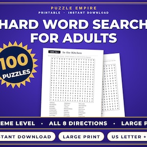 May include: A printable hard word search puzzle book for adults titled Puzzle Empire, featuring 100 puzzles in large print. The document includes extreme level word searches with words hidden in 8 directions, available in US Letter and A4 sizes.