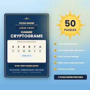 May include: A digital product cover for Puzzle Empire Large Print Summer Cryptograms featuring a dark blue rectangular frame with white text, a yellow sun icon with 50 Puzzles, and a list of features including hints, large letters, and US Letter sizes.