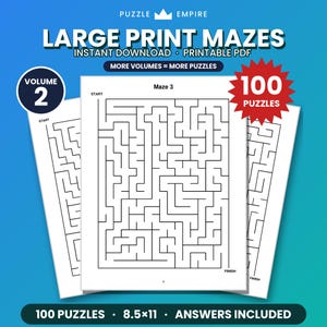 Op de afbeelding: Een digitale productweergave voor Large Print Mazes Volume 2 van Puzzle Empire. De afbeelding toont drie witte pagina's met zwarte doolhofontwerpen, een rode ster-afbeelding met 100 Puzzles, en tekst waaronder Instant Download, Printable PDF en 8.5x11.