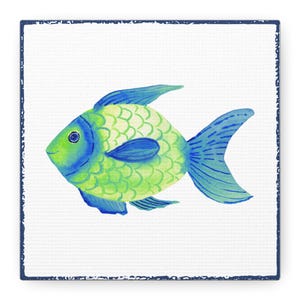 Canvas Print, Watercolor Blue and Green Fish Wall Art Decor, Matte Stretched Canvas, Ocean Theme Home Decor, Coastal Fish Artwork, Beach