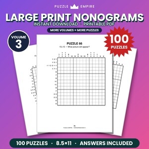 Peut inclure: Une fiche produit numérique pour des nonogrammes en gros caractères volume 3, comprenant 100 puzzles au format PDF imprimable. L'image montre une grille de puzzle 15x15 intitulée Puzzle 66, au format 8,5x11 pouces avec les réponses incluses.