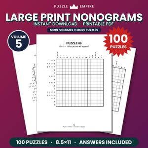 Op de afbeelding: Een digitale collectie van nonogrammen in grote druk genaamd Puzzle Empire Volume 5. Het document bevat 100 puzzels in een 15x15 rasterformaat, inclusief antwoorden. De lay-out is 8,5x11 inch, ontworpen voor direct downloaden.